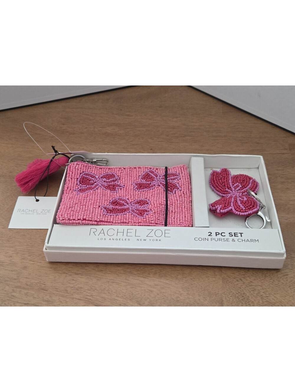 Rachel Zoe Pink Beaded Coin Purse & Bow Charm Keychain 2 Pc Set NWT